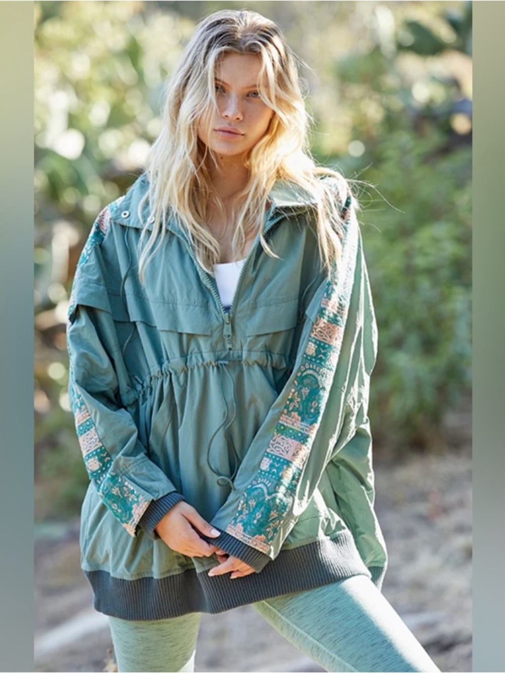 Free People She Fly Olive Jacket with Embroidered Sleeves Quarter Zip Pullover